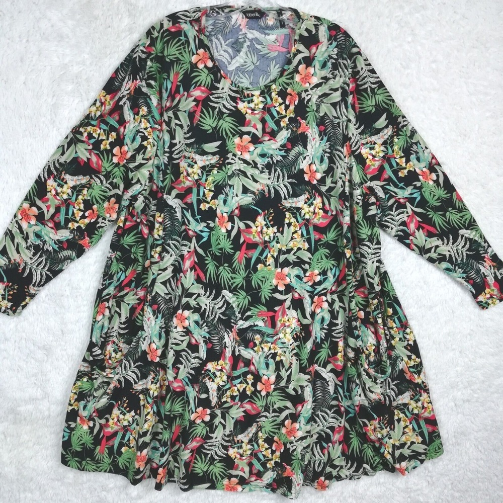 Label Be Womens Dress‎ Tunic Black Floral Tropical Pockets Pullover Plus 26